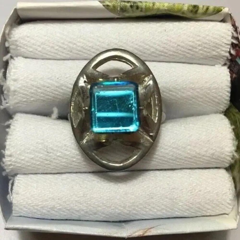 Vintage Silver Tone Blue Coated Glass Cube Ring Adjustable Band Size 7.25